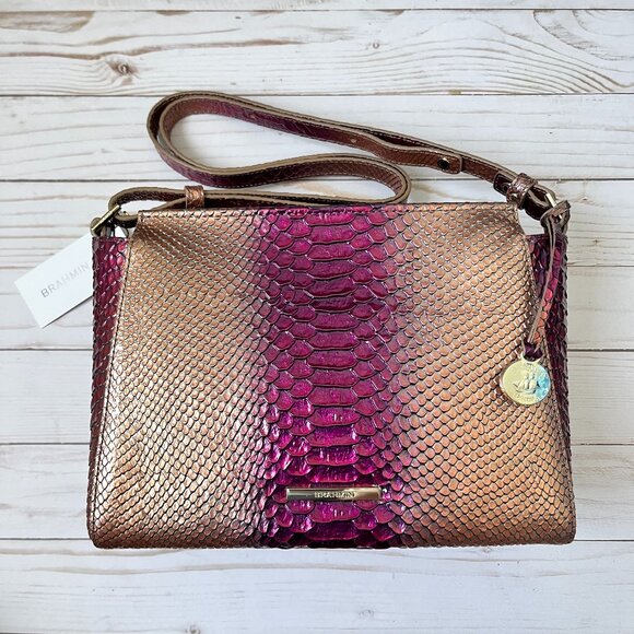 BRAHMIN Hillary Snake Embossed Leather Crossbody Bag Red Assorted